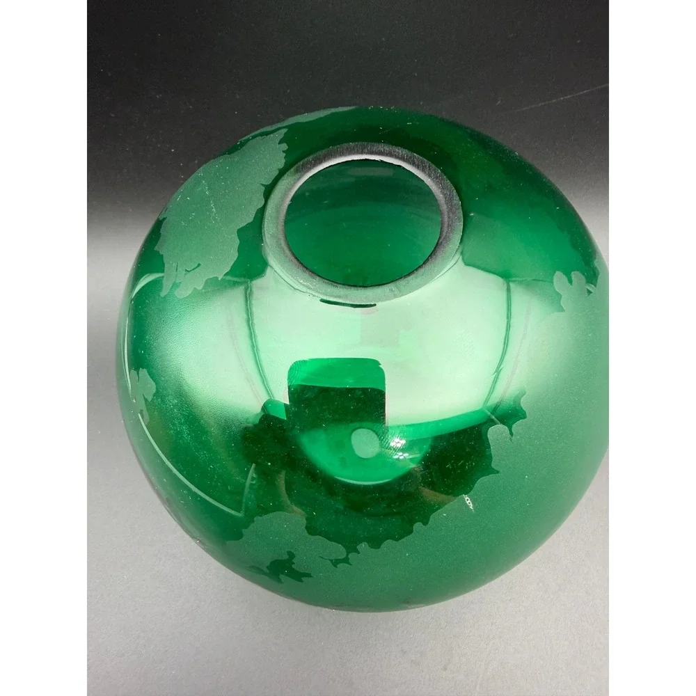 Silvestri Mouth Blown Glass Globe Vase Emerald Green Etched World Map Round 6in